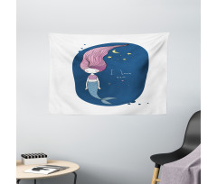 I Love Sea Cartoon Girl Wide Tapestry