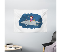 Cartoon Girl on Giant Wolf Wide Tapestry