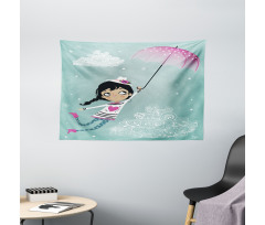 Girl with Pink Umbrella Wide Tapestry