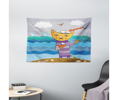 Sailor Feline on the Shore Wide Tapestry