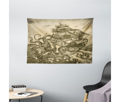 Retro Ship Octopus Theme Wide Tapestry
