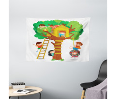 Boys Girl in a Tree House Wide Tapestry