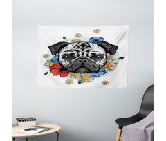 Dog Sketch with Flowers Wide Tapestry