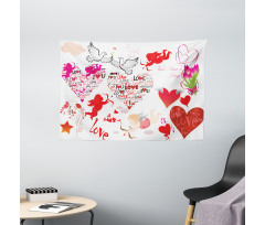Valentines Day Cupid Birds Wide Tapestry