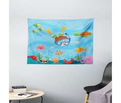 Cartoon Boy Diving to Sea Wide Tapestry