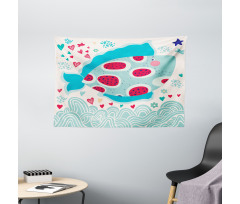 Hearts Flowers and Fish Wide Tapestry