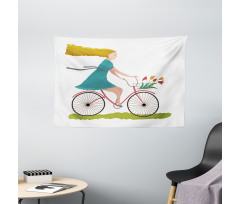 Woman on Bike Tulips Wide Tapestry