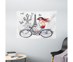 Woman on Bike Eiffel Wide Tapestry