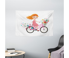 Happy Girl on Bike Flowers Wide Tapestry