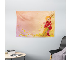 Smiling Girl Autumn Fall Wide Tapestry