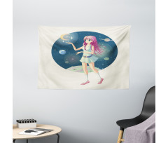 Girl with Stars in Space Wide Tapestry