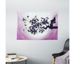 Fantasy Fairy Tree Birds Wide Tapestry