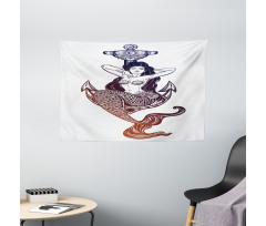 Monochrome Mermaid Motif Wide Tapestry