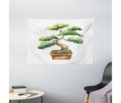 Watercolor Bonsai Hand Drawn Wide Tapestry