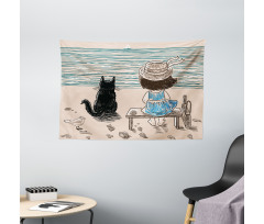 Baby Girl with a Cat Wide Tapestry