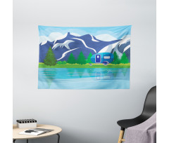 Cartoon Lake Landscape Wide Tapestry