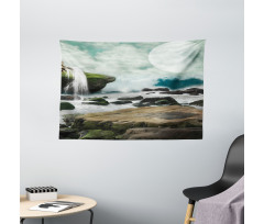 Waterfall Foggy Full Moon Wide Tapestry