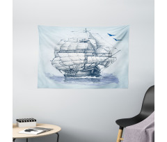 Old Ship at Sea Wide Tapestry