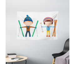 Boy and Girl Skis Wide Tapestry