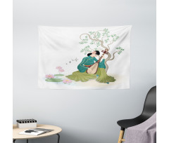 Woman Music Instrument Wide Tapestry