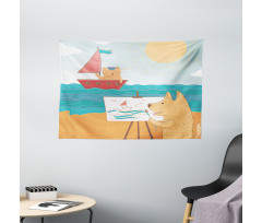 Summer Vacation Cat Dog Wide Tapestry