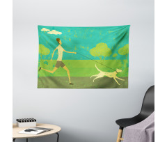 Woman Walking with Her Pet Wide Tapestry