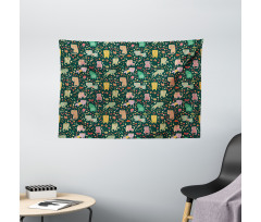 Nocturnal Theme Kittens Wide Tapestry