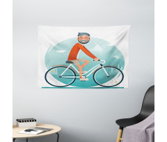 Hipster Guy Riding Bicycle Wide Tapestry