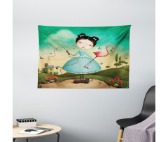 Girl and Flamingo Toy Wide Tapestry