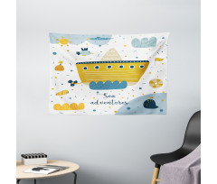 Ship and Puffy Clouds Wide Tapestry