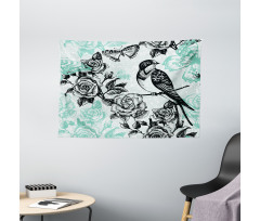 Mockingbird on Rose Tree Wide Tapestry