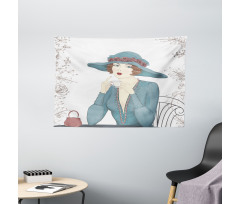 Woman at Cafe Wide Tapestry