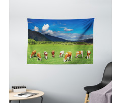 Mountains Grazing Cows Wide Tapestry