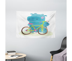 Hippo Child with Bicycle Wide Tapestry