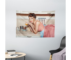 Girl Eating a Cake Wide Tapestry