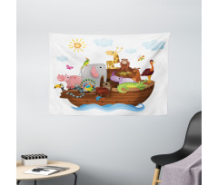 Animals in Ship Cartoon Wide Tapestry