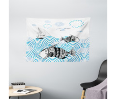 Sketch Boat and Animals Wide Tapestry