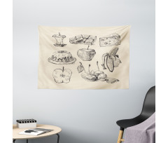 Hand-Drawn Sketch Meals Wide Tapestry