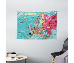 Cartoon Europe Map Landmark Wide Tapestry