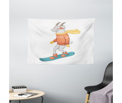 Cartoon Goat Snowboarding Wide Tapestry