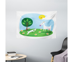 Baby Goat Playing Meadow Wide Tapestry