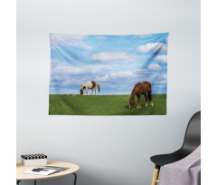 Horses Grazing Meadow Wide Tapestry