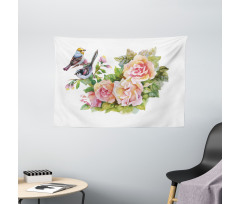 Sparrows on Roses Wide Tapestry