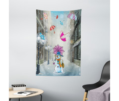 Cartoon Snowman and Umbrella Tapestry