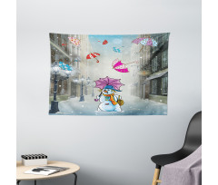 Cartoon Snowman and Umbrella Wide Tapestry