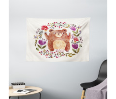 Baby Mammal Floral Wreath Wide Tapestry