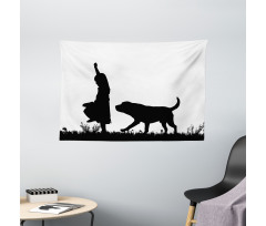 Little Girl Walking a Dog Wide Tapestry