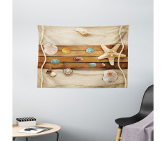 Rustic Board Seashells Wide Tapestry