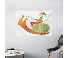 Little Elf Riding a Snail Wide Tapestry