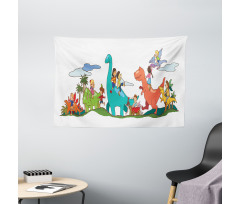 Kids Playing Dinosaurs Wide Tapestry